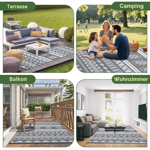 MOKANI Outdoor Teppich Wetterfest, Wendbarer Balkon Camping Teppich 150x240 cm, Kunststoff Stroh Terrasse Matte UV-beständige Outdoorteppich Rug Carpet für Garten RV Picknick, Boho-Style, Grau