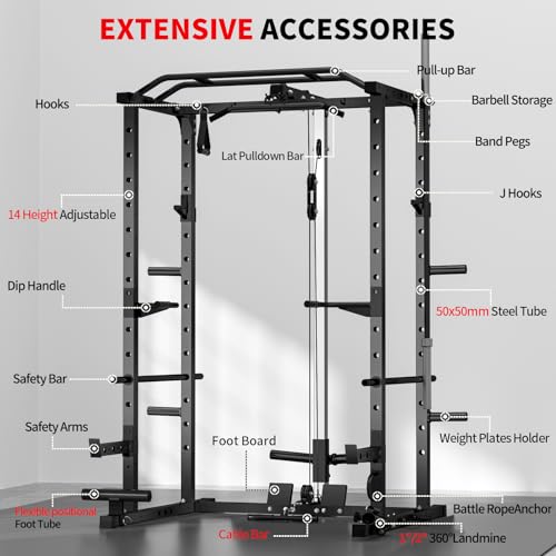 Image of JEEKEE Power Rack with LAT Pulldown, 2000LBS Power Cage with Cable System, Multi-Function Squat Rack with J-Hooks, Safety Bars, Landmine, Pull Up Bar & Attachments for Home Gym Strength Training,Black