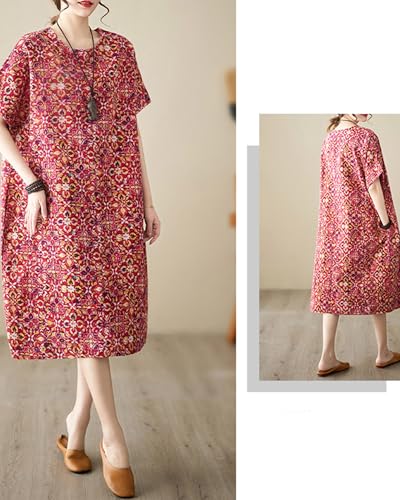 Image of LUZU JUNU Women's Summer Baggy Plus Size Loose Cotton Linen Long Boho Beach Dress with Pockets
