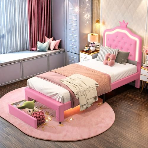 SHAODENG Cama individual de 90 x 200 cm, marco de cama con somier y cabecero ajustable, cama juvenil con corona de princesa LED y cajones, cama tapizada de poliuretano rosa, sin colchón