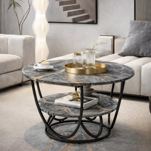 Image of Brown Art SHOPPEE Faux Marble Top Round 2 Tier Metal Coffee Tables Simple Living Room Table Sets, Sofa Center Table End Tables with Metal Frame Home Decor for Living Room (Black & Grey)