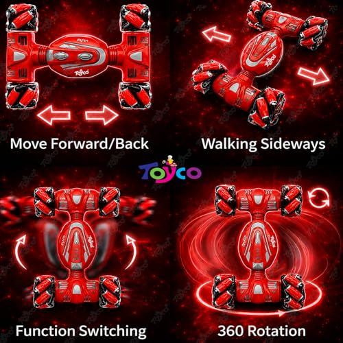 Image of toyco Remote Control Car Toy for Kids 4+ Years | Drift Rc Car 4x4 with 360 Stunt Rotation | Double Sided Driving, Omni Directional Wheels | USB Type-C Rechargeable | RGB LED Lights (Red 4x4 Drift)