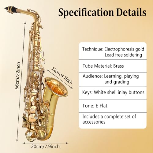 Image of Yinfente Eb Alto Saxophone For Beginners Adult,Saxophone Student,E Flat Alto Sax Full Kit With Reeds,Pads Cushions,Hard Carrying Case,Cleaning Cloth & Rod,Mouthpiece,Gloves,Neck Strap Gold