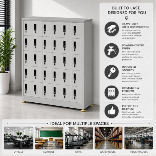 Image of Amazon Brand - Solimo 30-Door Mobile Locker Cabinet Lockable Heavy-Duty Steel Cabinet Compartments for Phones Wallets & Valuables Ideal for Office, School, Gym, Warehouse (Grey)