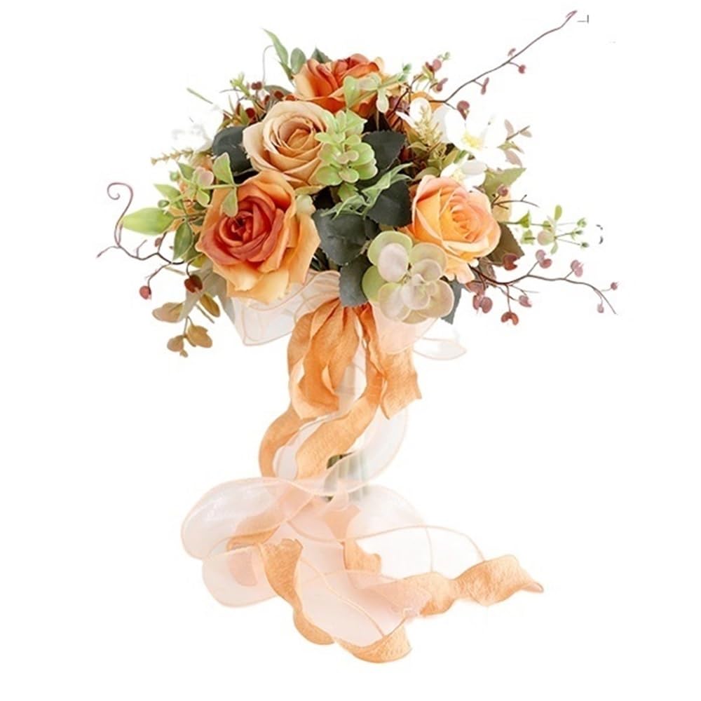 HUFFA Artificial Rose Wedding Bouquet - Handheld Floral Arrangement for Brides and Home Decoration(Orange)