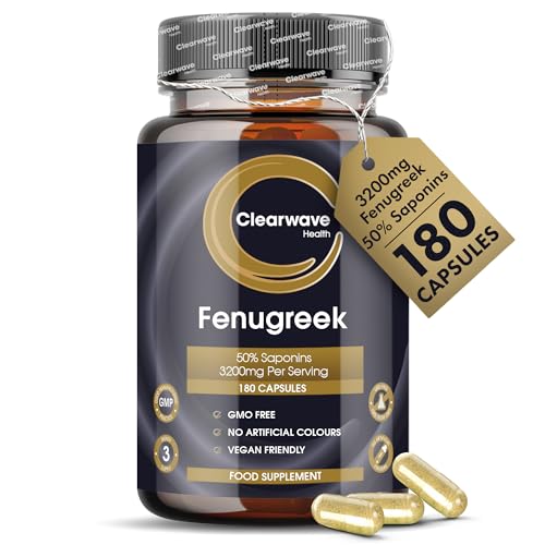 Fenugreek Capsules | 180 Vegan Capsules | 3200mg - 50% Saponins | High Strength Fenugreek Powder | Easy to Swallow | By Clearwave Health