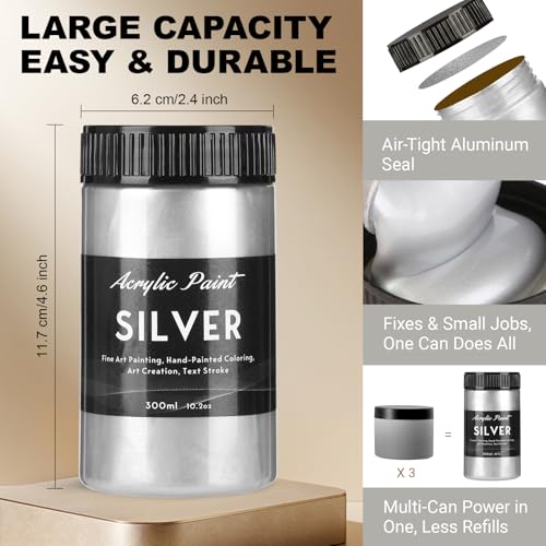 Image of 300ml Silver Metallic Acrylic Paint, Non Toxic Waterproof Silver Metallic Acrylic Paint for Wood, Canvas, Furniture, Handcrafts, DIY Decor