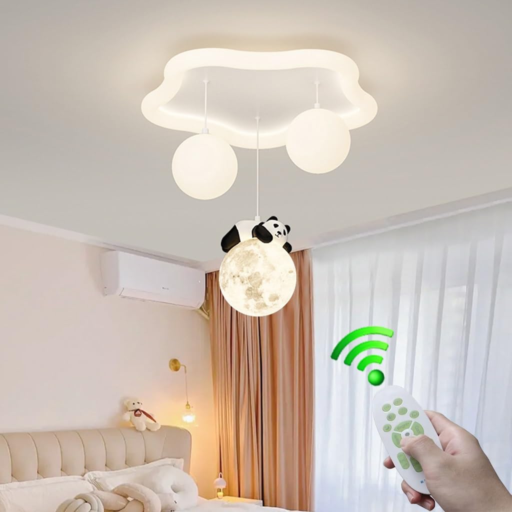 Stesulfr Children's room lamp cartoon panda LED ceiling lamp white metal ceiling Light 3 ball bedroom chandelier dimmable simple lighting cloakroom baby room kitchen bedroom lamp(B Style)