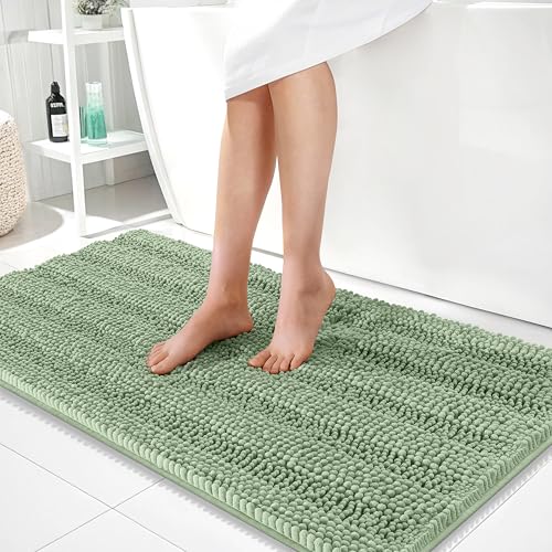 Image of OLANLY Thick Bathroom Runner Rugs 44x24, Extra Absorbent Chenille Striped Bath Rugs, Rubber Backing, Machine Wash Dry, Long Bath Mats for Bathroom, Tub and Shower, Home Decor Accessories, Sage Green