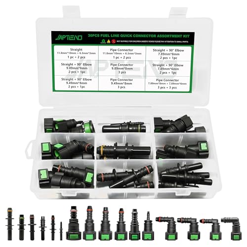Japtend Fuel Line Repair Kit 30pcs Fuel Line Quick Connector Assortment Kit 16 Size Hose Release Connect Straight Elbow Pipe Connector Fittings SAE 6.3mm to 11.8mm