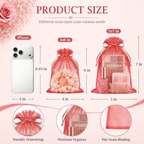Image of FUNFERY 100PCS Red Organza Gift Bags 5x7in,Drawstring Pouch for Jewelry