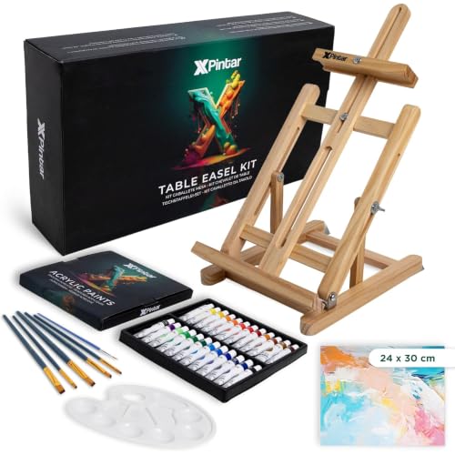 Kit Pintura Acrílica com Cavalete de Mesa de Madeira Altura Ajustável 24 Cores 12 ml Tela 24x30 cm Paleta 6 Pincéis Conjunto de Artista para Iniciantes e Adultos Montagem Rápida Presente Criativo