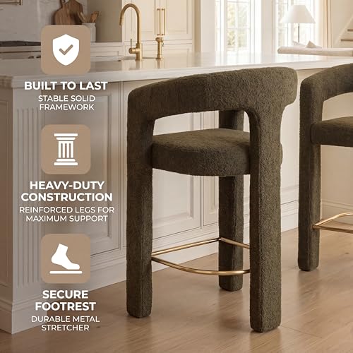 Image of HNY Modern Barrel Bar Stools Set of 2, 26 Inch Upholstered Sherpa Counter Height Bar Stools with Open Back and Armrests for Kitchen Island, Home Bar, Dining Room, No Assembly, Green