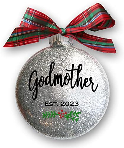 Godmother Christmas Ornament 2023, Christening or Baptism Gift for Godparents, Pregnancy Announcement, Godparent Proposal, Handmade Silver Glitter Bauble with Tartan Plaid Bow (Godmother, 2023)