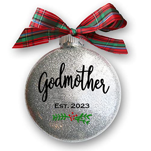 Godmother Christmas Ornament 2023, Christening Or Baptism Gift For Godparents, Pregnancy Announcement, Godparent Proposal, Handmade Silver Glitter Bauble With Tartan Plaid Bow (Godmother, 2023) #TOP3