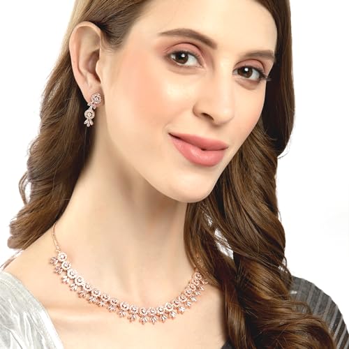 Image of ZENEME Women American Diamond Studded Necklace With Earring Detailing Jewellery Set For Women and Girl