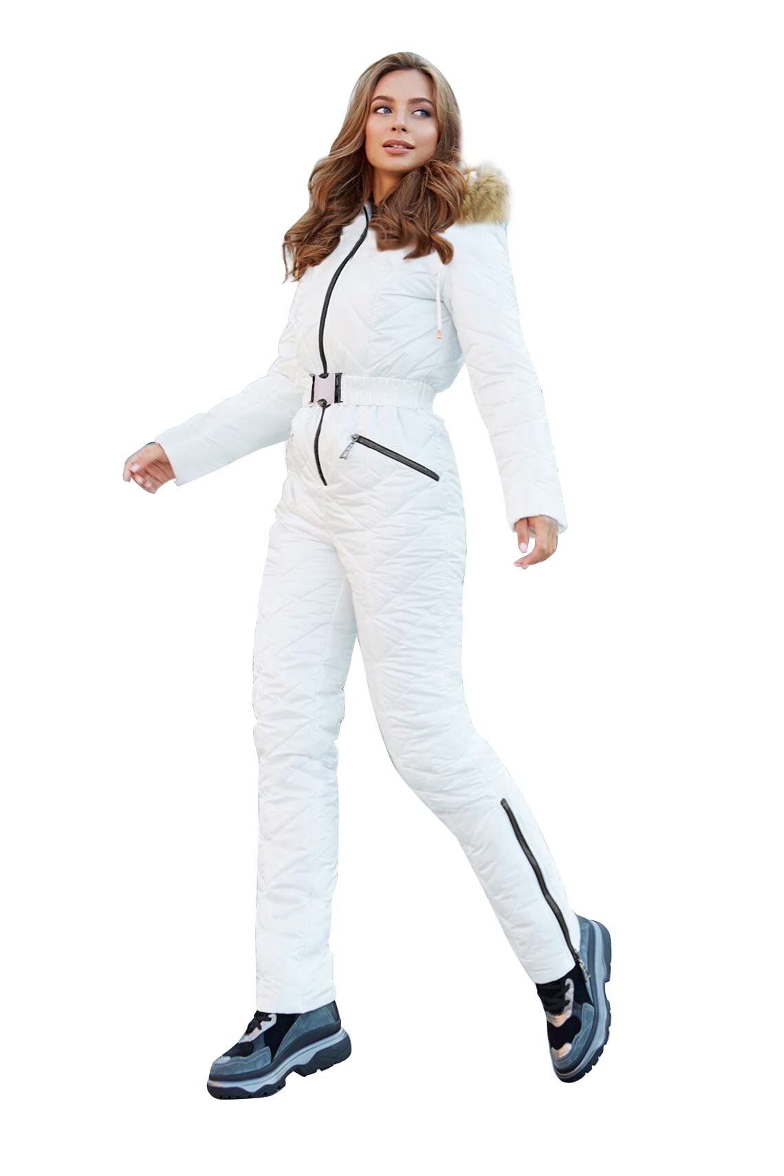 Yousify Womens Winter Onesies Ski Suit Hooded Fur Collar Ski Jumpsuit Snowsuit Outdoor Sports Coat