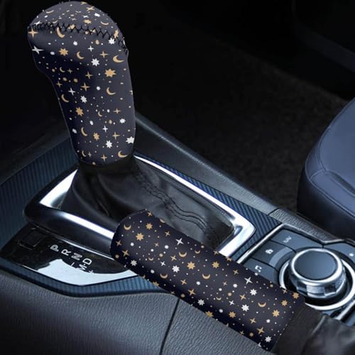 AFPANQZ Star Moon Car Shift Knob Cover with Hand Brake Cover 2 Piece Set Car Interior Accessories Universal Fits Machine Washable Neoprene Cloth for Womens Teen Girls Black White Galaxy