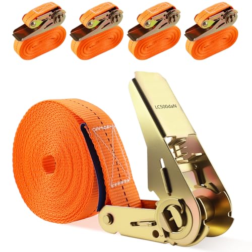 Foydream 4 Pezzi Cinghie a Cricchetto, Lunghezza 6 m, Larghe 25mm, Capacità di Carico 800 kg, Robuste Cinghie di Fissaggio con Cricchetto per il Trasporto di Attrezzature, Auto, Moto, Bici (Arancione)