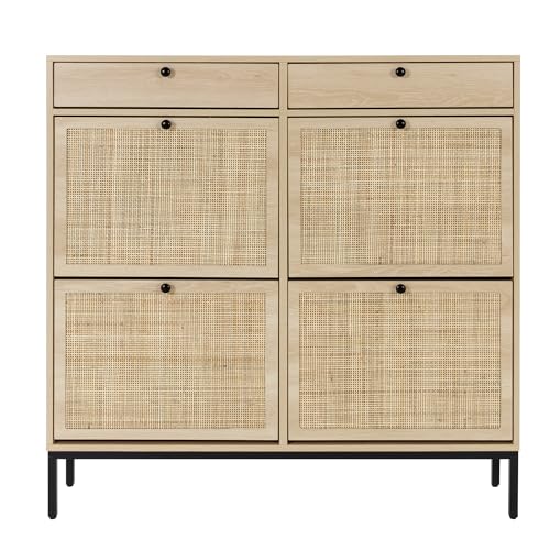 XIAO WEI Shoe Cabinet, Large Natural Rattan Shoe Storage Organizer Cabinet with 4 Flip Drawers, Freestanding Shoe Rack with Adjustable Shelf for Entryway, Living Room
