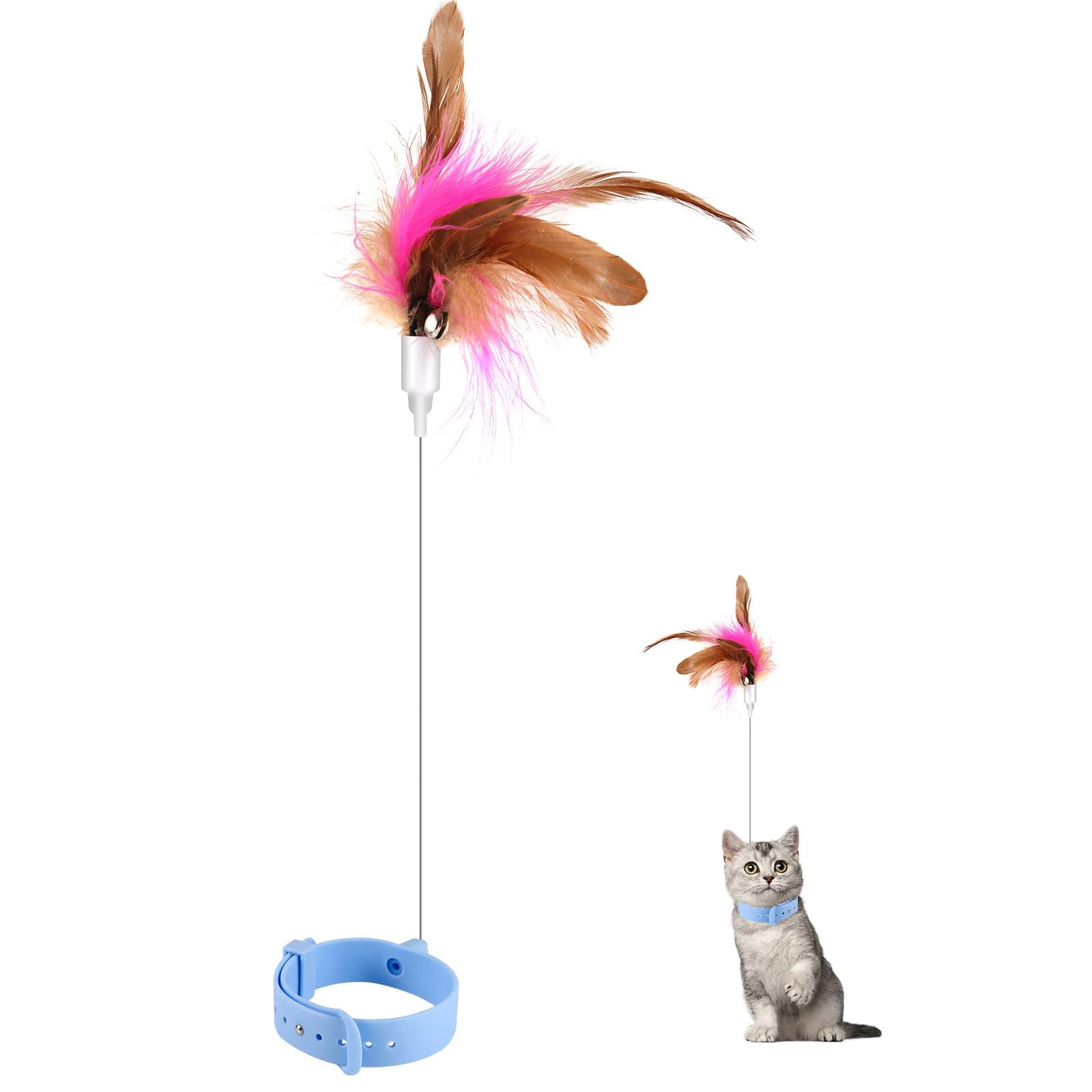 Cat Teaser Wand Toy, Cat Teasing Wand Collar Silicone Adjustable Cat Wand Toy Feather with Bell Cat Interactive Teaser Toys for Indoor Cat Kittens Playing Exercise