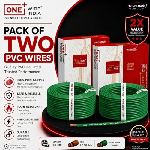 Image of 90m PVC Copper Electrical Wire (Pack of 2), Green, 4.0 mm