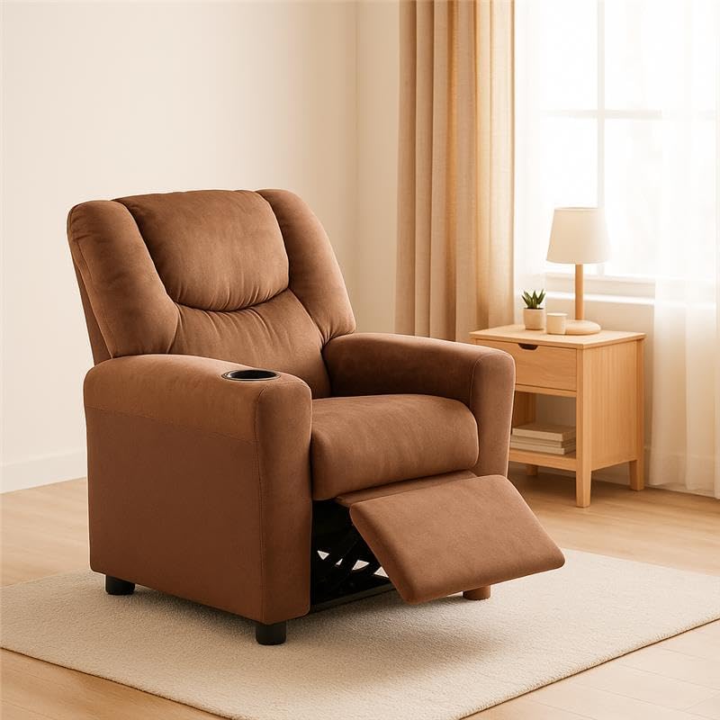 Naomi Home Suri Kids Recliner Chair with Cup Holder & Footrest, Built to Grow with 150 lbs Capacity, Solid Hardwood Frame, and 3 Recline Positions for Toddlers & Children, Brown,Microfiber