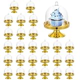 Prasacco 24 Pieces Plastic Mini Cake Stand With Dome Cover, Gold And Transparent Cupcake Containers, Dessert Display Plate Dessert Tray for Birthday Wedding Holiday Party Supplies