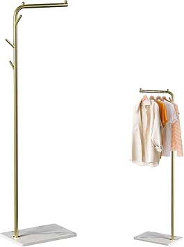 TBTFW Gold Coat Rack, L shaped Coat Hanger Stand with 3 Hooks and Thickened Base, Freestanding Coat Rack used for Hanging Clothes, Hats, Handbags, Scarves 67in
