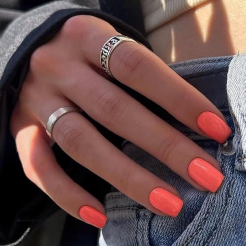 Short Square Press on Nails Orange,KQueenest Spring Gel Fake Nails