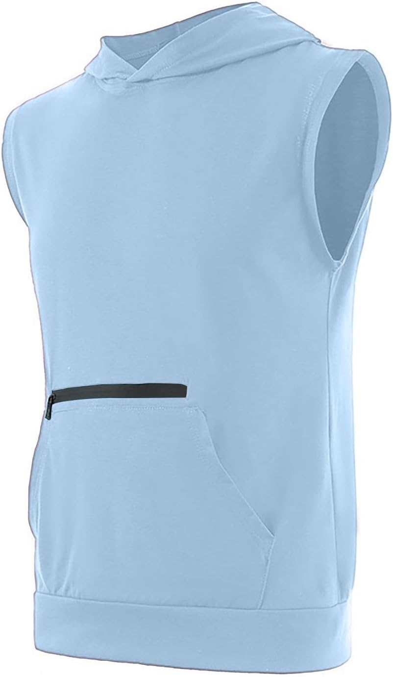 Men's Workout Hooded Tank Tops Gym Sleeveless Hoodies Bodybuilding Muscle Shirts Cut Off T-Shirt with Zip Pocket