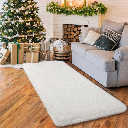 HOMORE 2x6 Runner Rugs for Bedroom, White Runner Rug for Hallway Entryway Laundry, Modern Shag Bedroom Runner Cute Carpets for Kids Dorm Bedside, Ivory