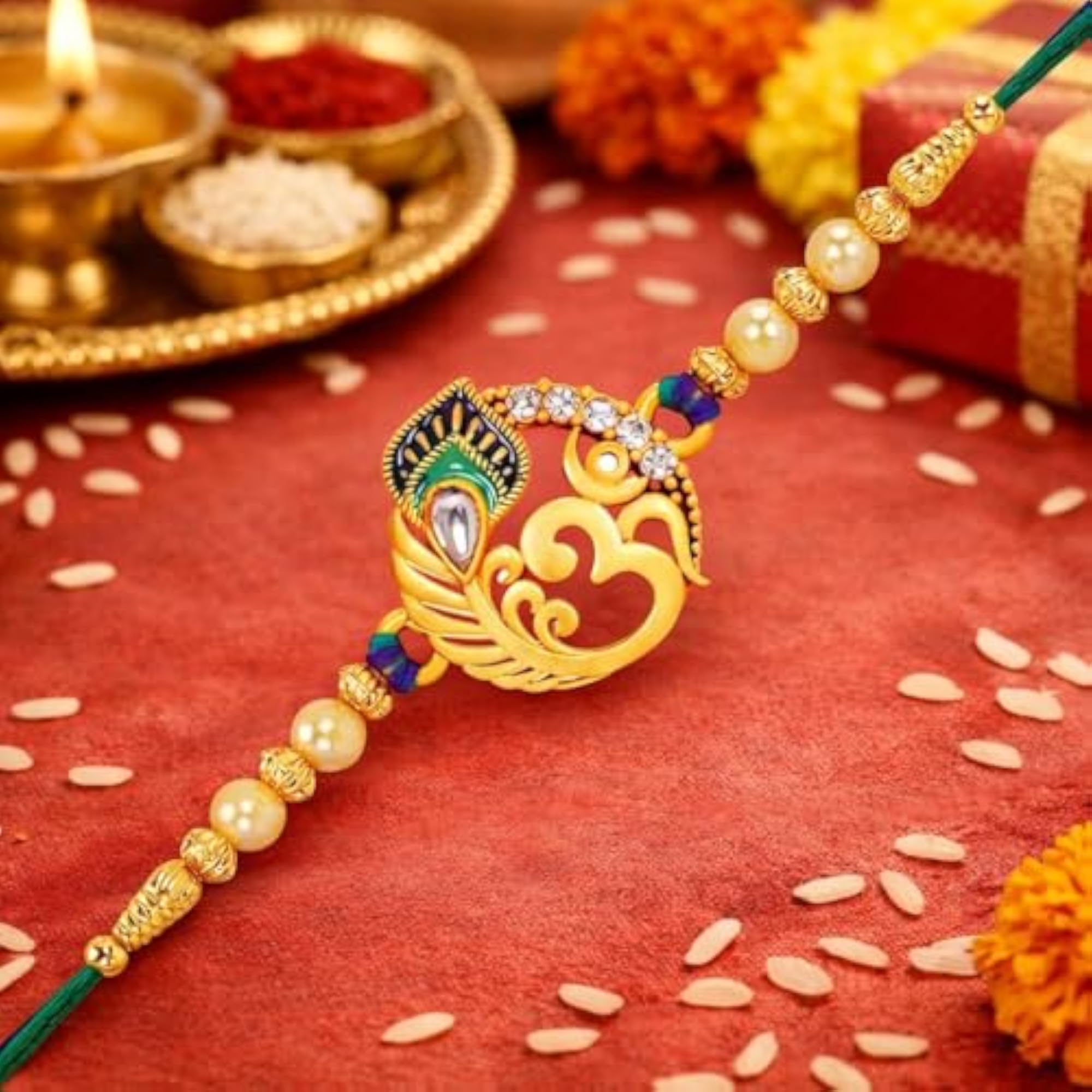Meenakari Om and Peacock Feather Rakhi with Roli Chawal