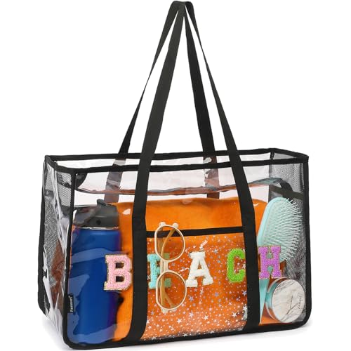 Image of Fammart Clear Beach Bag for Women, Large Pool Tote Cruise Vacation Essentials - Zipper Closure, Waterproof, Sandproof