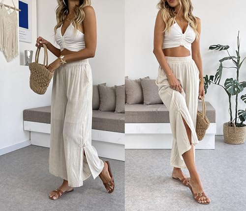 Women's Linen Capris Pants Slit Culottes Summer Wide Leg Split Crop Trouser Palazzo Pants4