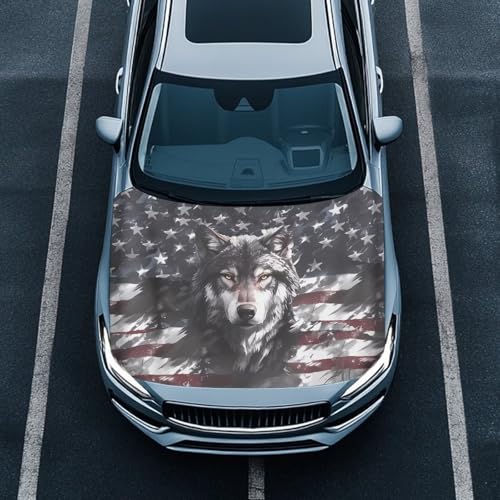 Image of Wolf American Flag Print Car Hood Cover Protector Stretchable Car Hood Wraps Auto Banner Auto Decorative Accessories for Compact Sedans SUV Trucks (59x39 Inch)
