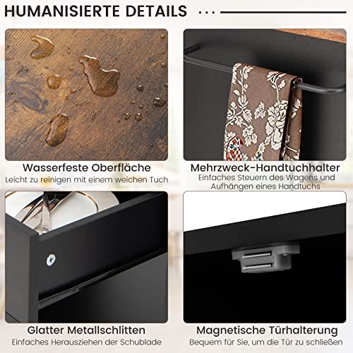 Foto von COSTWAY Küchenwagen auf Rollen, Servierwagen mit Arbeitsplatte & Handtuchhalter & 3 Gewürzregalen & Schublade, Kücheninsel Holz, Küchenschrank Rollbar, für Küche, Esszimmer und Bar (Schwarz)
