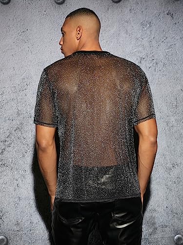 WDIRARA Men's Glitter Mesh Sheer T Shirt Rave See Through Shirt Short Sleeve Top Tee2