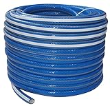 Dimensiones: diámetro 3/4". Longitud: 50 metros. Presión de trabajo: 12 bar (20°C). Peso unitario: 11000 g. Temperatura de trabajo: -40°С a +70°С. Material: plástico flexible en la base de cloruro de polivinilo, tereftalato y otros aditivos. Los materiales utilizados son ecológicos y sanitarios y al mismo tiempo, la manguera es duradera y resistente al desgaste, a las torceduras y a la flexión. Color: azul, gris y blanco