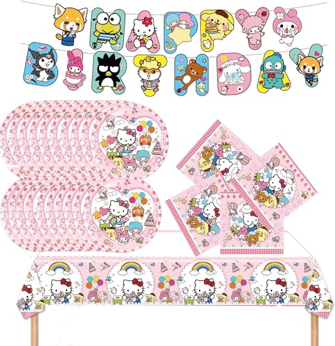Keroppi Kitty Melody Birthday Party Supplies Kawaii Party Tableware with Happy Birthday Banner Tablecloth Disposable Paper Plates with Napkins for Fans Party Decorations Serves 20 Guests