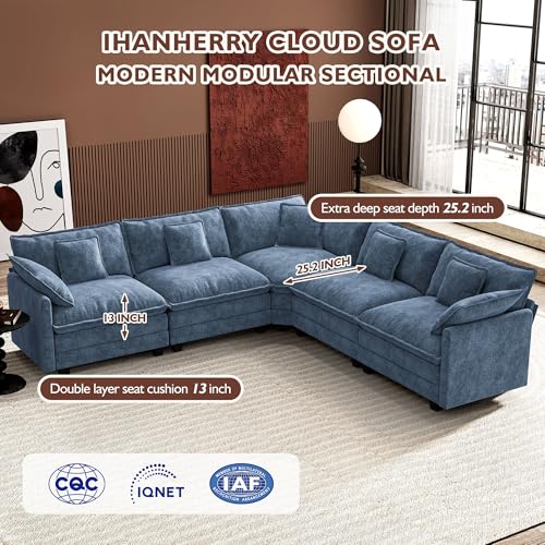 Image of Ihanherry 114 inch V-Shaped Modern Sofa Modular Sectional Cloud Couch with Corner Section, 5-Seat Chenille Deep Seat Sofa with 5 Pillows for Living Room, Bedroom and Apartment, Blue