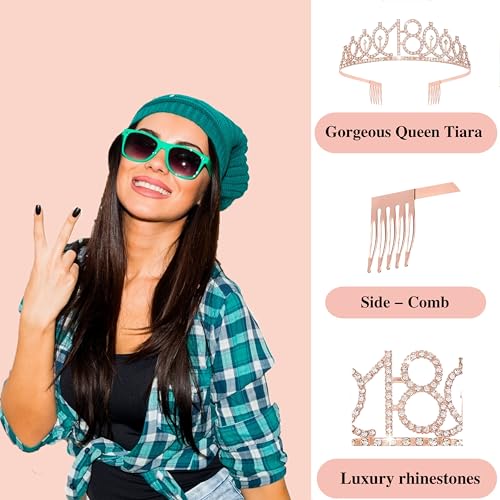 Image of 18th Birthday Decorations for Girls,rose gold happy birthday banner,happy 18th birthday Backdrop, it's my 18th Birthday Sash, Sweet Rhinestone Tiara Crown,18th Balloons, Rose Gold