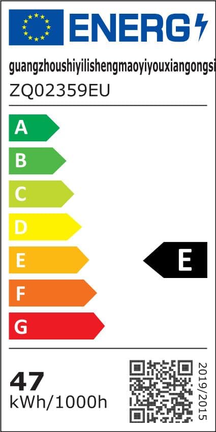 EU Energy Label for the light bar, showing energy efficiency class E and 47 kWh/1000h consumption.