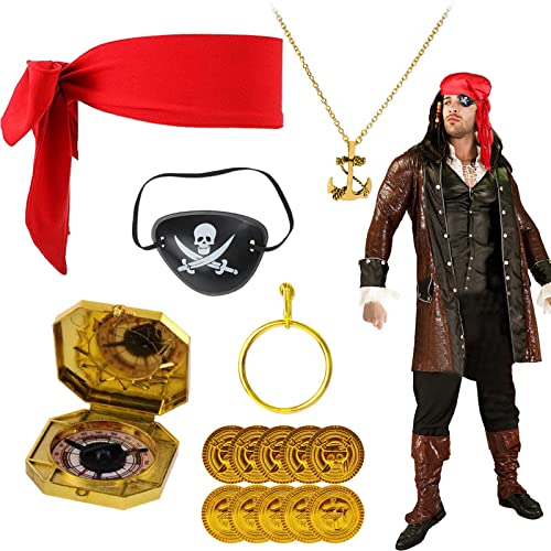 UYDF Piraten Kostüm Zubehör, Piratenkostüm Set, Piratenkostüm Damen Herren Erwachsene Piraten Rollenspiel Accessoires Piraten Kopftuch, Ohrringe, Piraten Halskette für Halloween Karneval Mottoparty Cover
