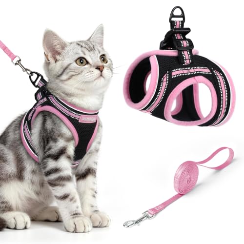 Image of rabbitgoo Cat Harness and Leash Set, Step-in Soft Vest, Black & Pink | Escape Proof, Lightweight, Easy-on & Adjustable, Hook & Loop with Buckle, Reflective, for Kittens & Small Cats Walks, M