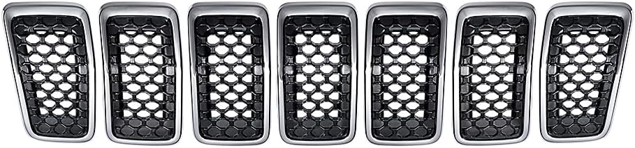 Full Set Matte Black Honeycomb Mesh Grille Insert + Chrome Cover Trim Ring Compatible with 2019-2021 Jeep Cherokee