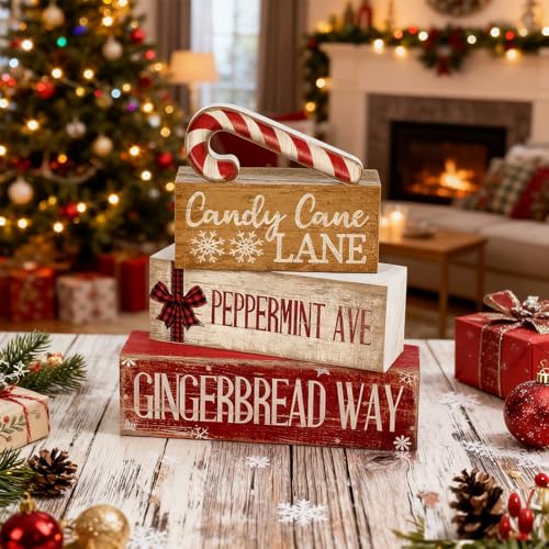 Image of Moucuny 4 Pcs Christmas Table Decor Wooden Candy Cane Decoration Christmas Centerpiece Winter Tiered Tray Decor Red and White Stripes Candy Cane Block Signs Gift Farmhouse Xmas Decoration for Kitchen