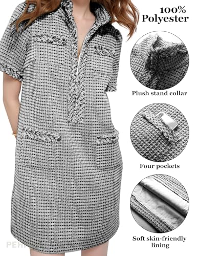 Image of PEHMEA Womens Tweed Jackie Dress Short Sleeve Shift Midi Elegant Dresses