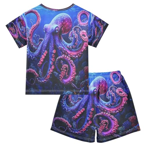 ALAZA Dark Red Octopus Ocean Pajamas Set Short Sleeve Cotton Sleepwear Summer Pjs 2 Piece 5-14Y2