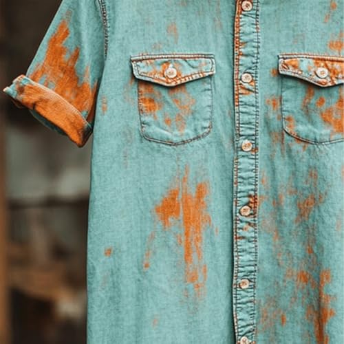 Mens Vintage Distressed Denim Shirts Casual Short Sleeve Lapel Button Down Shirt Fashion Loose Blouses with Pockets4